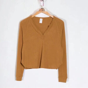 Abound Waffle Knit Notch V Neck Long Sleeve Top NEW in Tan Dale Size 2X